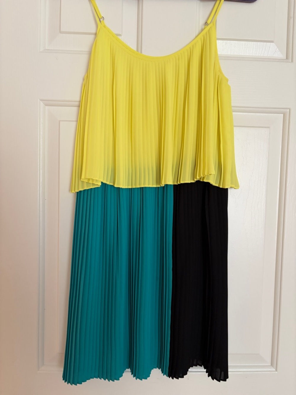Parker Yellow, Teal & Black Pleated Colorblock Dress